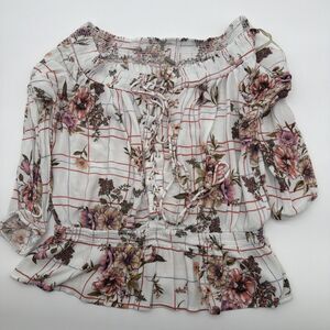 Gimmicks by BKE Womens Large Floral Lace Up Off Shoulder Peplum Blouse Whimsy
